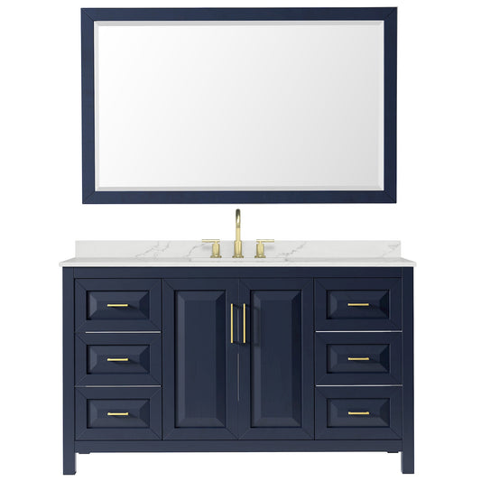 Wyndham Collection Daria 60" Single Bathroom Vanity in Dark Blue, Giotto Quartz Countertop, Undermount Square Sink (3-Hole), Brushed Gold Trim, 58" Mirror