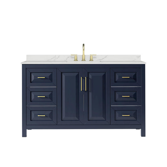 Wyndham Collection Daria 60" Single Bathroom Vanity in Dark Blue, Giotto Quartz Countertop, Undermount Square Sink (3-Hole), Brushed Gold Trim