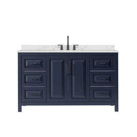 Wyndham Collection Daria 60" Single Bathroom Vanity in Dark Blue, Giotto Quartz Countertop, Undermount Square Sink (3-Hole), Matte Black Trim