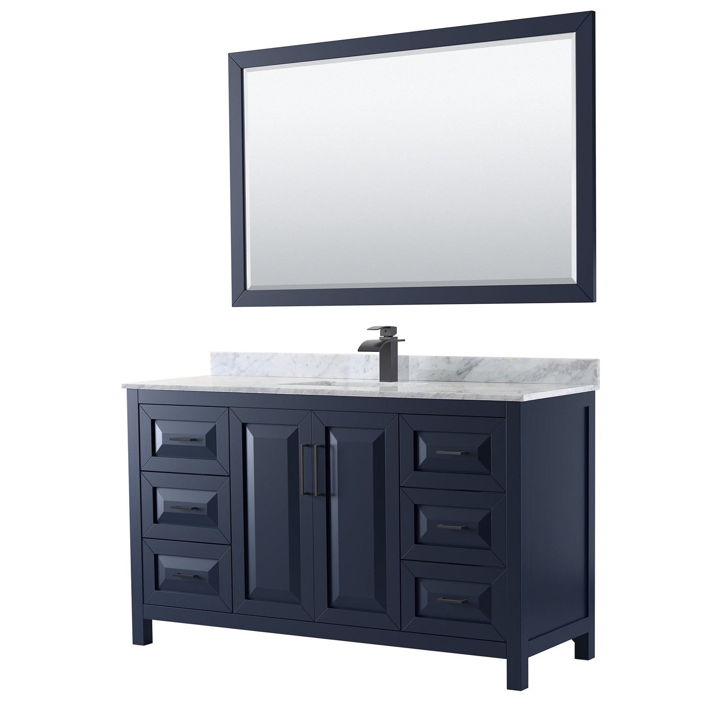 Wyndham Collection Daria 60" Single Bathroom Vanity in Dark Blue, White Carrara Marble Countertop, Undermount Square Sink, Matte Black Trim, 58" Mirror