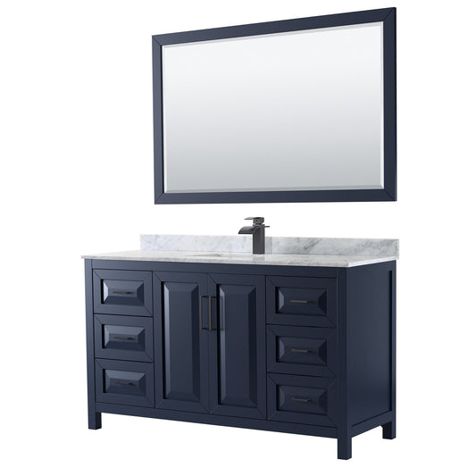 Wyndham Collection Daria 60" Single Bathroom Vanity in Dark Blue, White Carrara Marble Countertop, Undermount Square Sink, Matte Black Trim, 58" Mirror