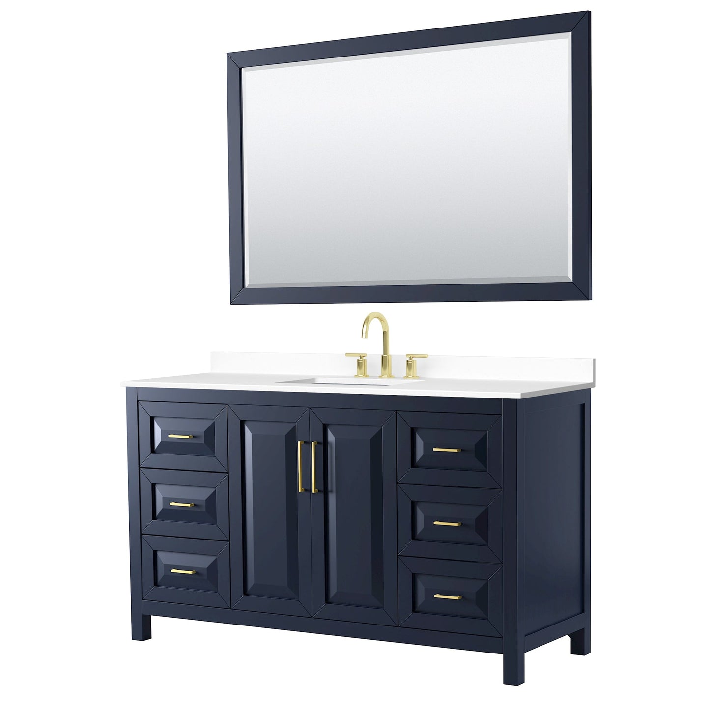 Wyndham Collection Daria 60" Single Bathroom Vanity in Dark Blue, White Cultured Marble Countertop, Undermount Square Sink (3-Hole), Brushed Gold Trim, 58" Mirror