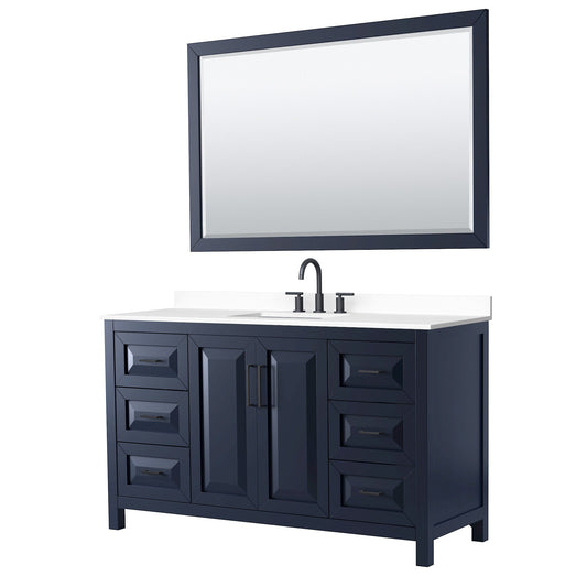 Wyndham Collection Daria 60" Single Bathroom Vanity in Dark Blue, White Cultured Marble Countertop, Undermount Square Sink (3-Hole), Matte Black Trim, 58" Mirror