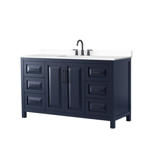 Wyndham Collection Daria 60" Single Bathroom Vanity in Dark Blue, White Cultured Marble Countertop, Undermount Square Sink (3-Hole), Matte Black Trim