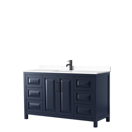 Wyndham Collection Daria 60" Single Bathroom Vanity in Dark Blue, White Cultured Marble Countertop, Undermount Square Sink, Matte Black Trim
