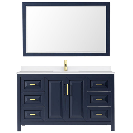 Wyndham Collection Daria 60" Single Bathroom Vanity in Dark Blue, White Quartz Countertop, Undermount Square Sink (1-Hole), Brushed Gold Trim, 58" Mirror