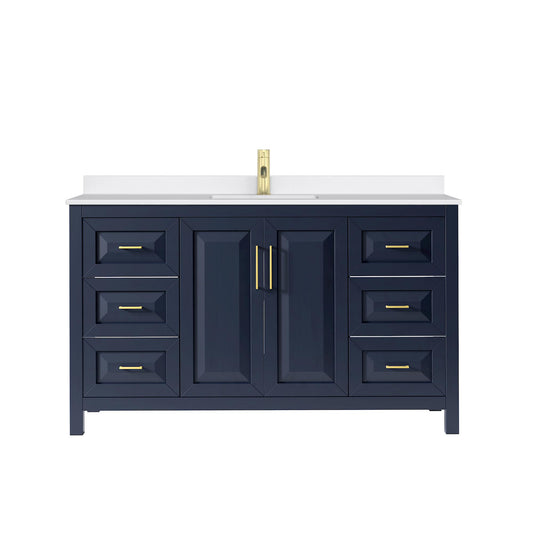 Wyndham Collection Daria 60" Single Bathroom Vanity in Dark Blue, White Quartz Countertop, Undermount Square Sink (1-Hole), Brushed Gold Trim