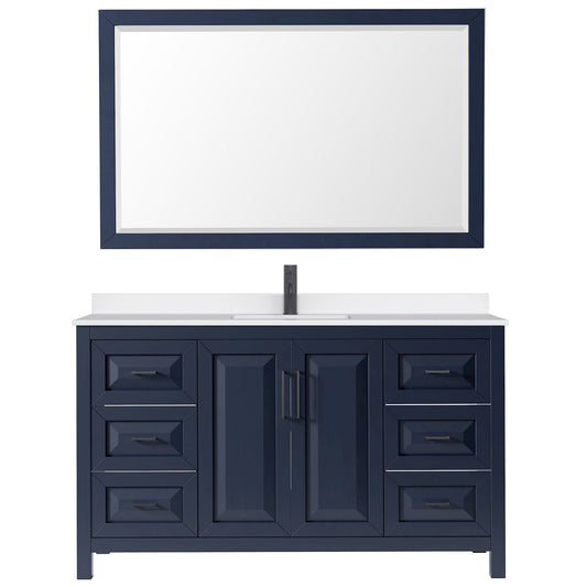 Wyndham Collection Daria 60" Single Bathroom Vanity in Dark Blue, White Quartz Countertop, Undermount Square Sink (1-Hole), Matte Black Trim, 58" Mirror