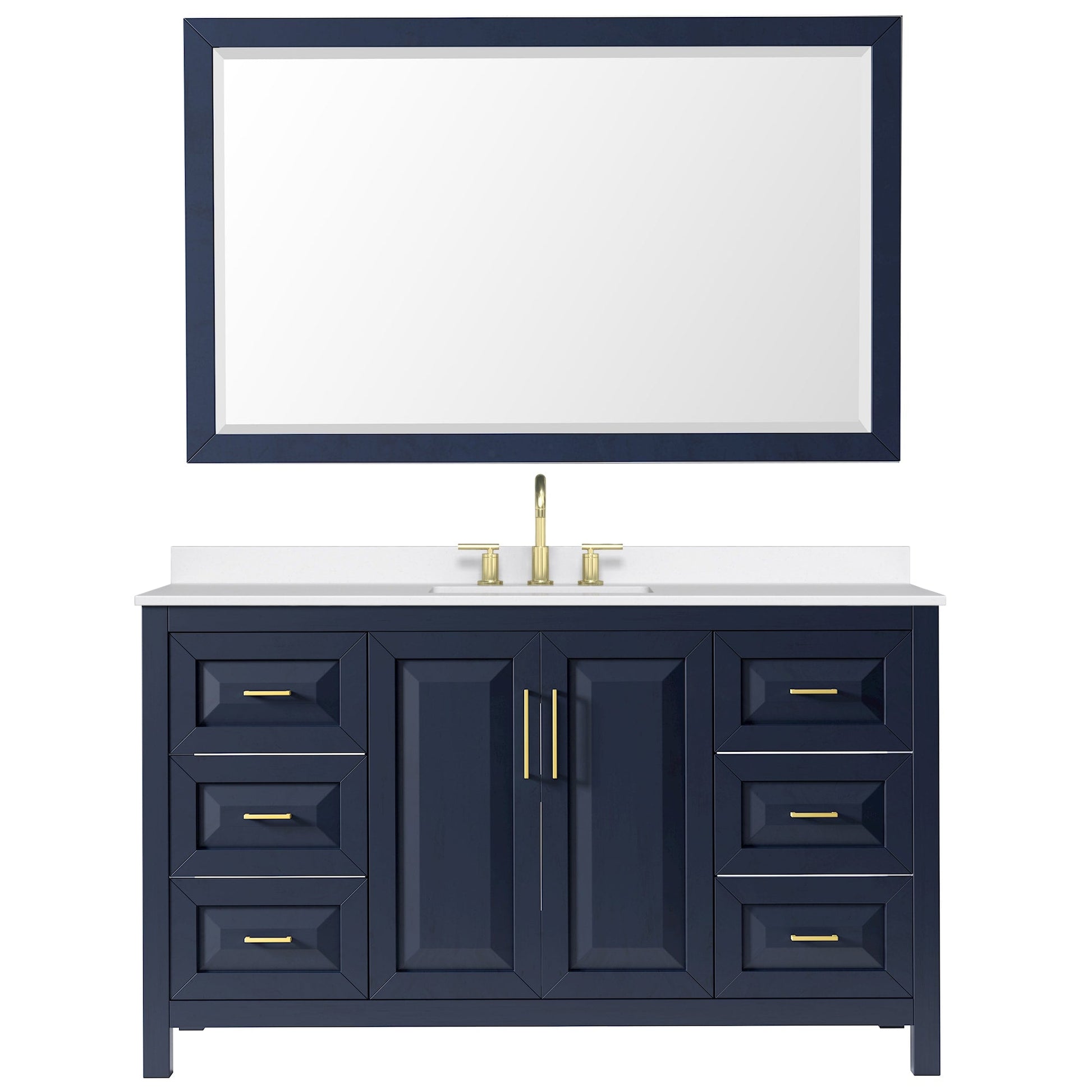 Wyndham Collection Daria 60" Single Bathroom Vanity in Dark Blue, White Quartz Countertop, Undermount Square Sink (3-Hole), Brushed Gold Trim, 58" Mirror