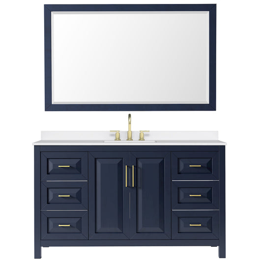 Wyndham Collection Daria 60" Single Bathroom Vanity in Dark Blue, White Quartz Countertop, Undermount Square Sink (3-Hole), Brushed Gold Trim, 58" Mirror