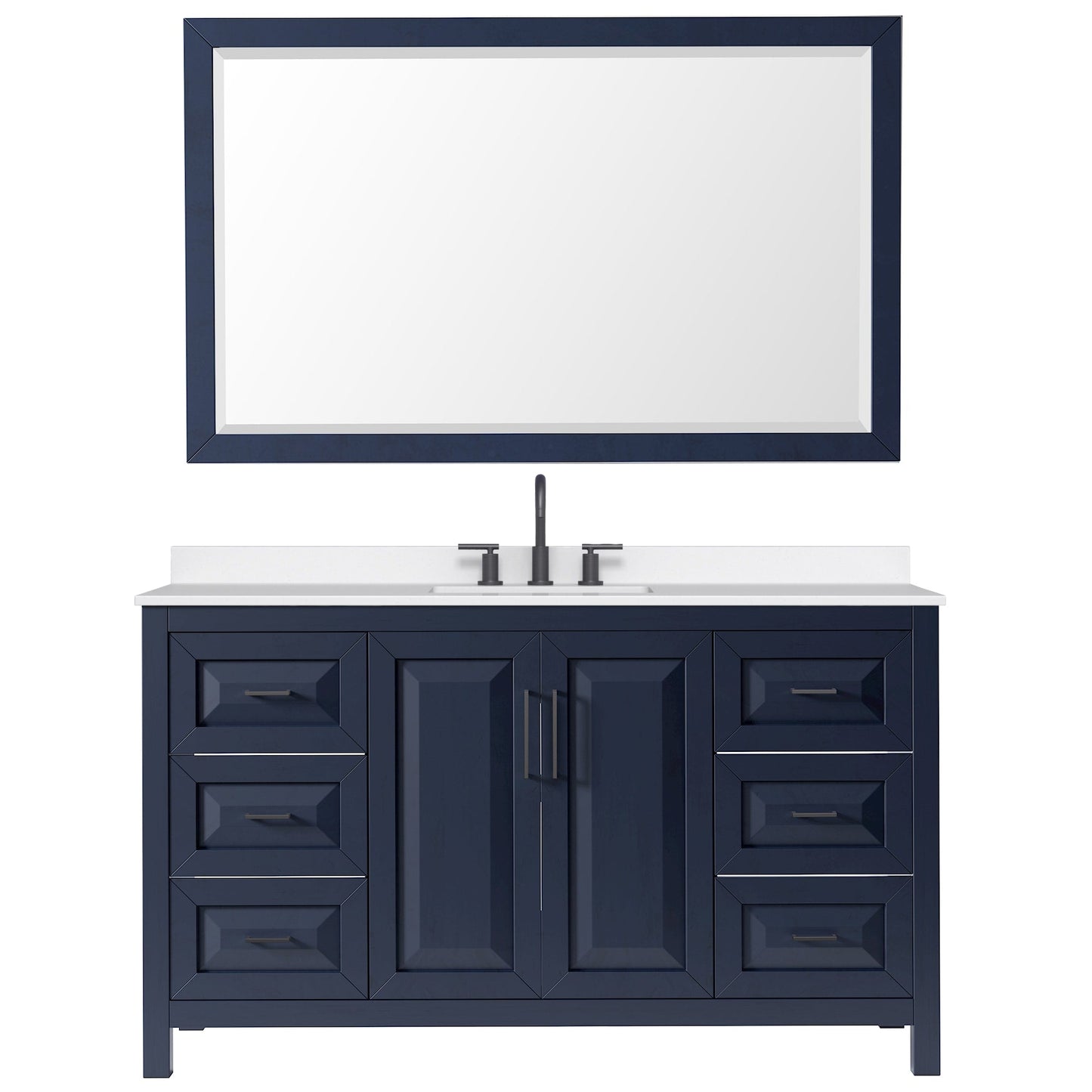Wyndham Collection Daria 60" Single Bathroom Vanity in Dark Blue, White Quartz Countertop, Undermount Square Sink (3-Hole), Matte Black Trim, 58" Mirror