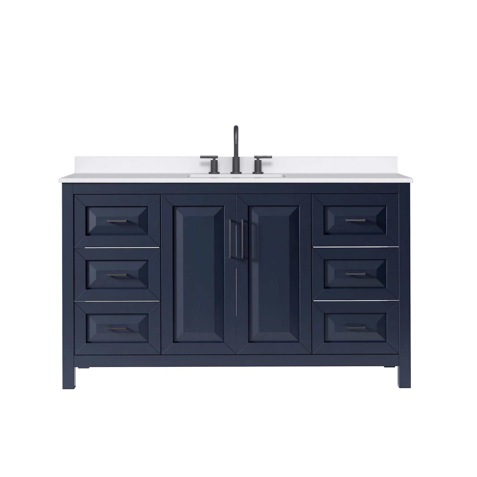 Wyndham Collection Daria 60" Single Bathroom Vanity in Dark Blue, White Quartz Countertop, Undermount Square Sink (3-Hole), Matte Black Trim