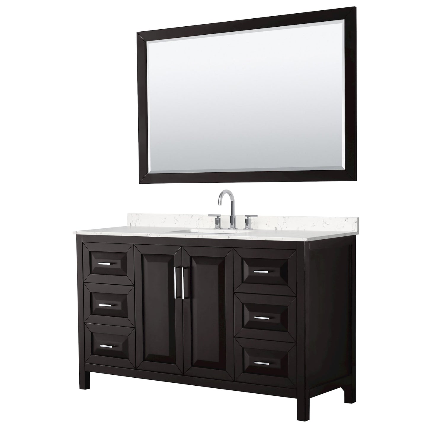 Wyndham Collection Daria 60" Single Bathroom Vanity in Dark Espresso, Carrara Cultured Marble Countertop, Undermount Square Sink (3-Hole), Polished Chrome Trim, 58" Mirror