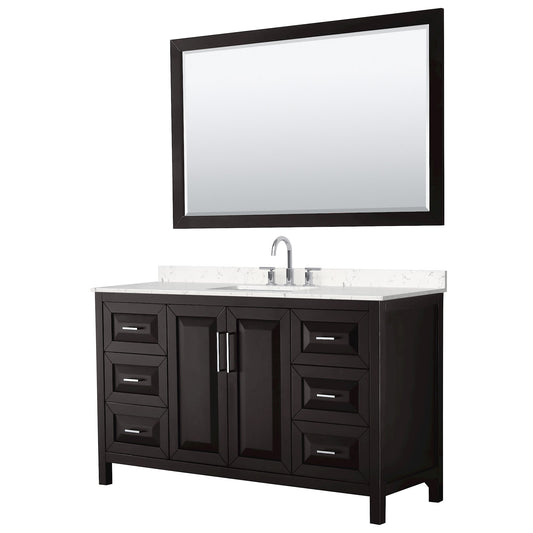Wyndham Collection Daria 60" Single Bathroom Vanity in Dark Espresso, Carrara Cultured Marble Countertop, Undermount Square Sink (3-Hole), Polished Chrome Trim, 58" Mirror