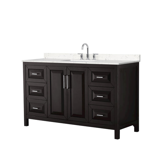 Wyndham Collection Daria 60" Single Bathroom Vanity in Dark Espresso, Carrara Cultured Marble Countertop, Undermount Square Sink (3-Hole), Polished Chrome Trim