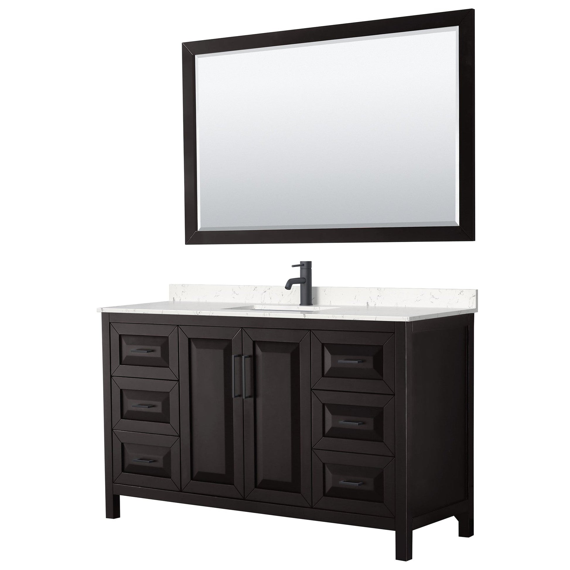 Wyndham Collection Daria 60" Single Bathroom Vanity in Dark Espresso, Carrara Cultured Marble Countertop, Undermount Square Sink, Matte Black Trim, 58" Mirror