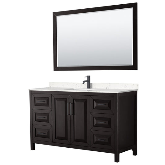 Wyndham Collection Daria 60" Single Bathroom Vanity in Dark Espresso, Carrara Cultured Marble Countertop, Undermount Square Sink, Matte Black Trim, 58" Mirror