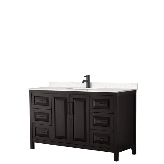 Wyndham Collection Daria 60" Single Bathroom Vanity in Dark Espresso, Carrara Cultured Marble Countertop, Undermount Square Sink, Matte Black Trim