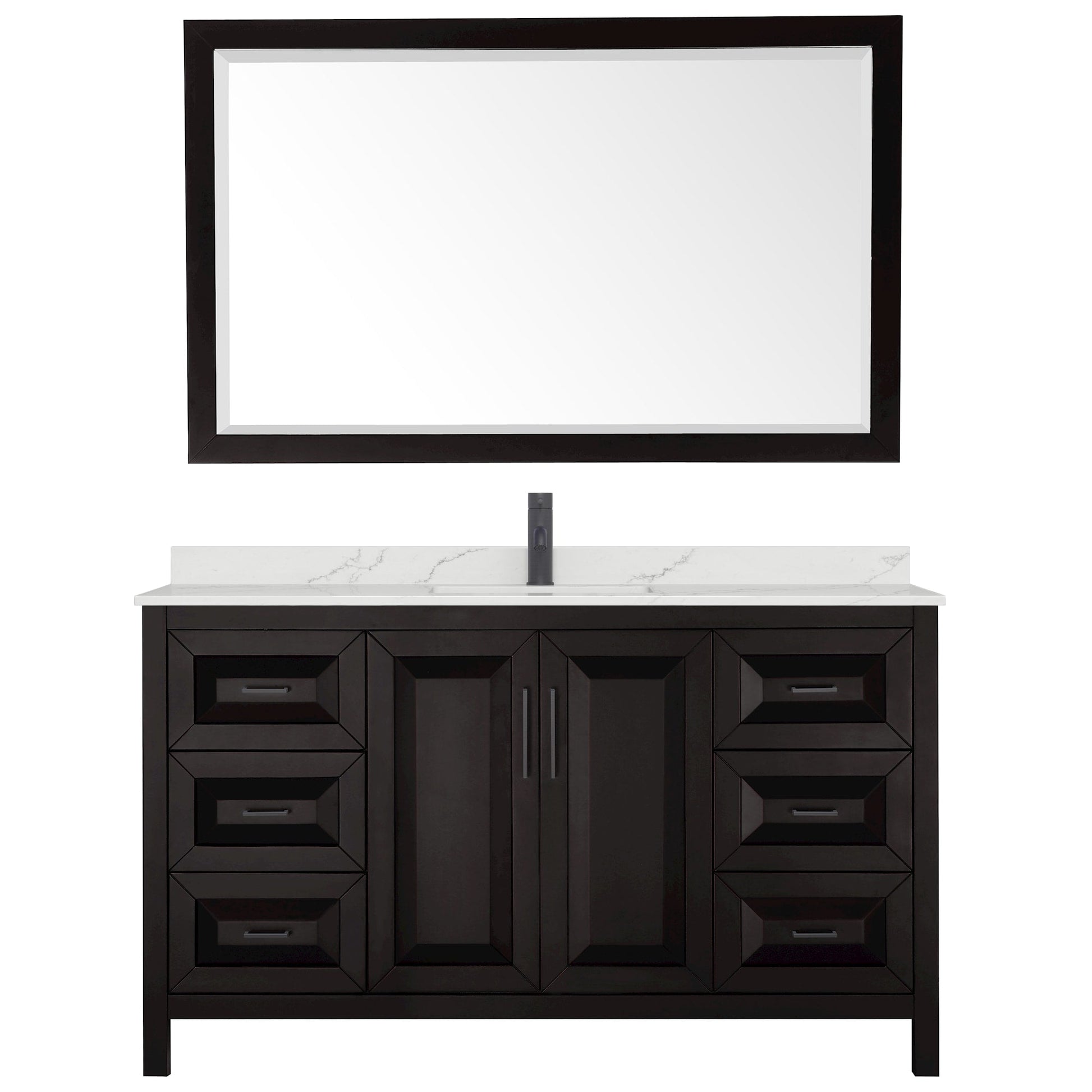 Wyndham Collection Daria 60" Single Bathroom Vanity in Dark Espresso, Giotto Quartz Countertop, Undermount Square Sink (1-Hole), Matte Black Trim, 58" Mirror