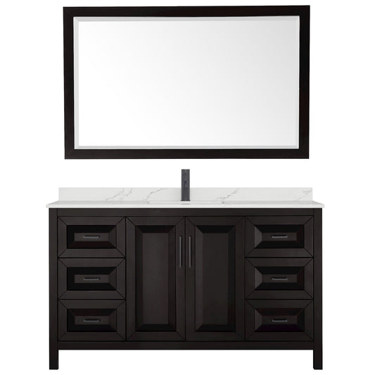 Wyndham Collection Daria 60" Single Bathroom Vanity in Dark Espresso, Giotto Quartz Countertop, Undermount Square Sink (1-Hole), Matte Black Trim, 58" Mirror
