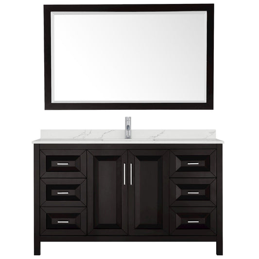 Wyndham Collection Daria 60" Single Bathroom Vanity in Dark Espresso, Giotto Quartz Countertop, Undermount Square Sink (1-Hole), Polished Chrome Trim, 58" Mirror