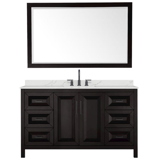 Wyndham Collection Daria 60" Single Bathroom Vanity in Dark Espresso, Giotto Quartz Countertop, Undermount Square Sink (3-Hole), Matte Black Trim, 58" Mirror