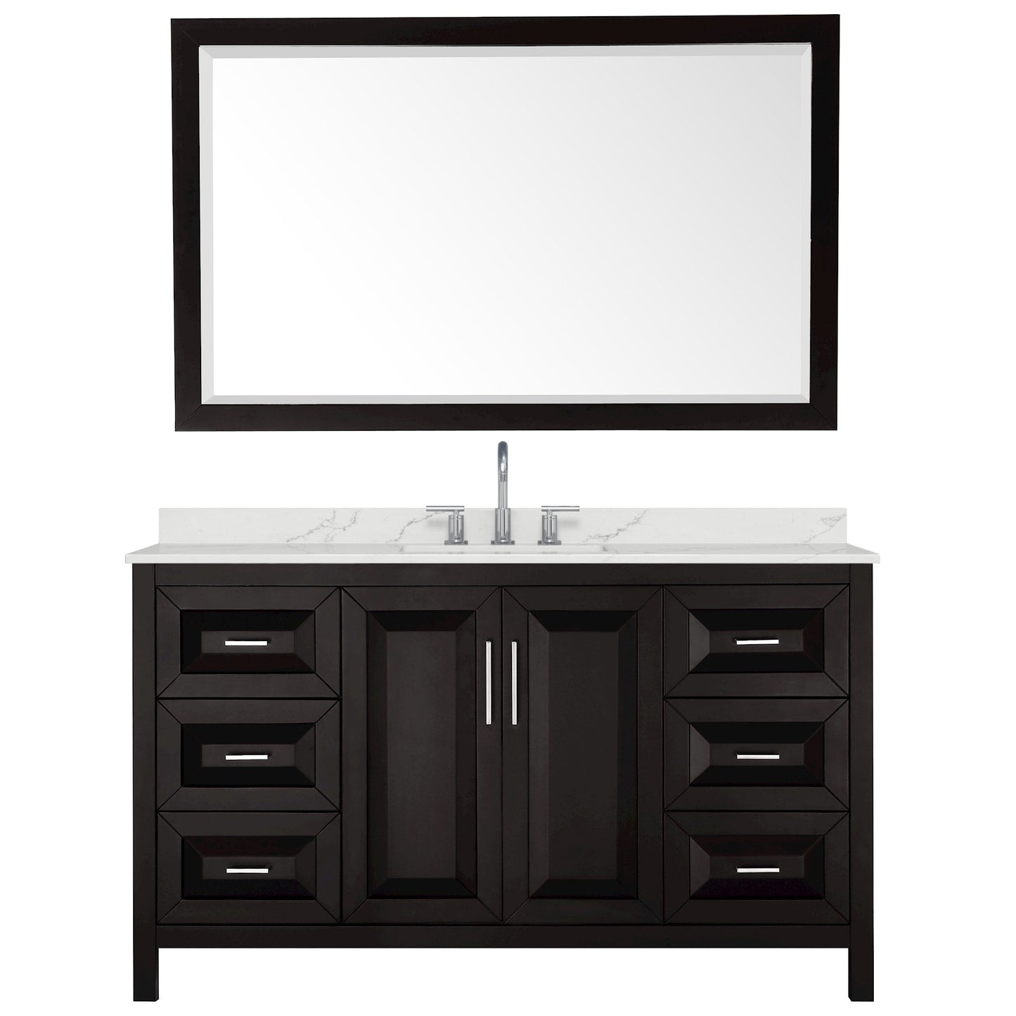 Wyndham Collection Daria 60" Single Bathroom Vanity in Dark Espresso, Giotto Quartz Countertop, Undermount Square Sink (3-Hole), Polished Chrome Trim, 58" Mirror