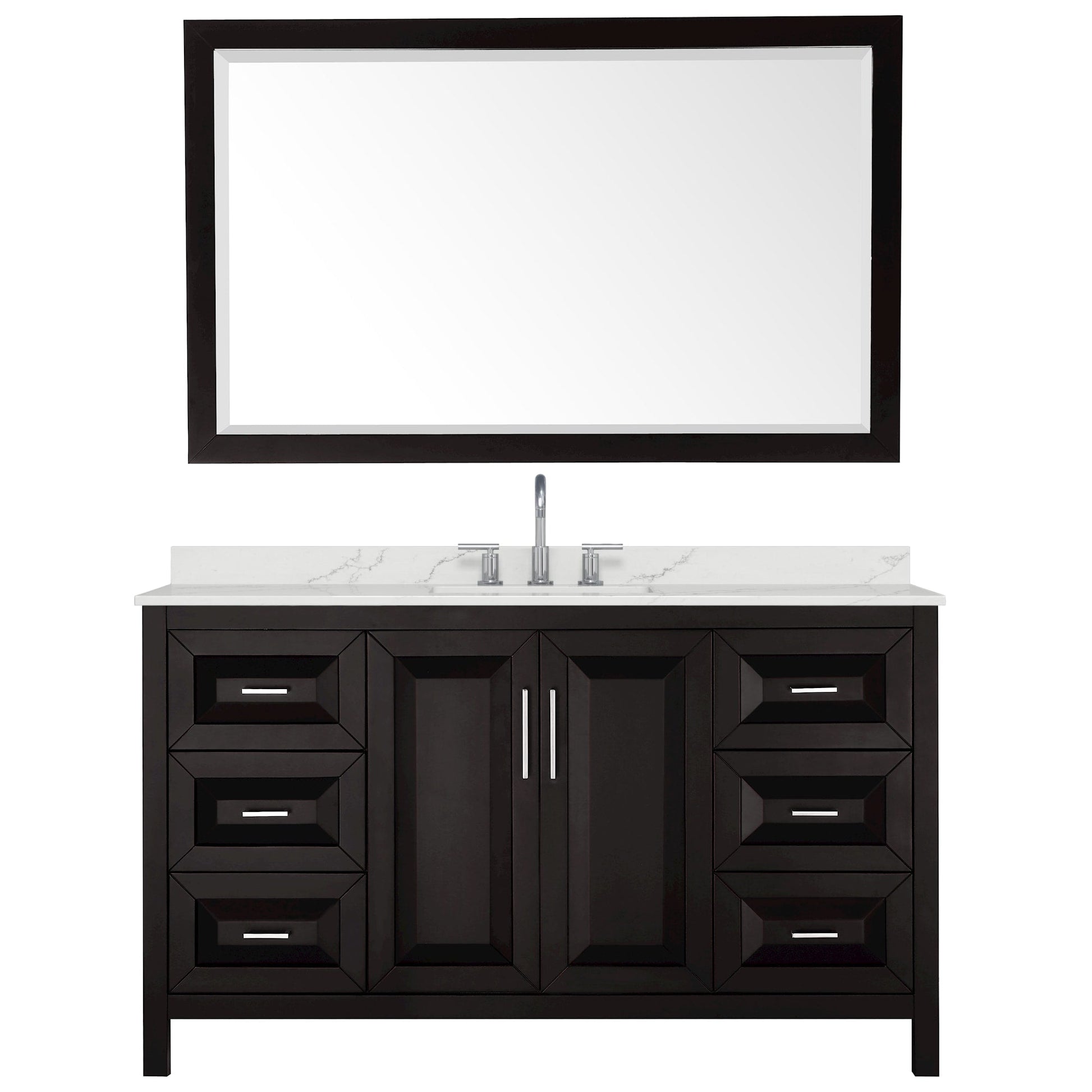 Wyndham Collection Daria 60" Single Bathroom Vanity in Dark Espresso, Giotto Quartz Countertop, Undermount Square Sink (3-Hole), Polished Chrome Trim, 58" Mirror