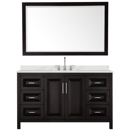Wyndham Collection Daria 60" Single Bathroom Vanity in Dark Espresso, Giotto Quartz Countertop, Undermount Square Sink (3-Hole), Polished Chrome Trim, 58" Mirror