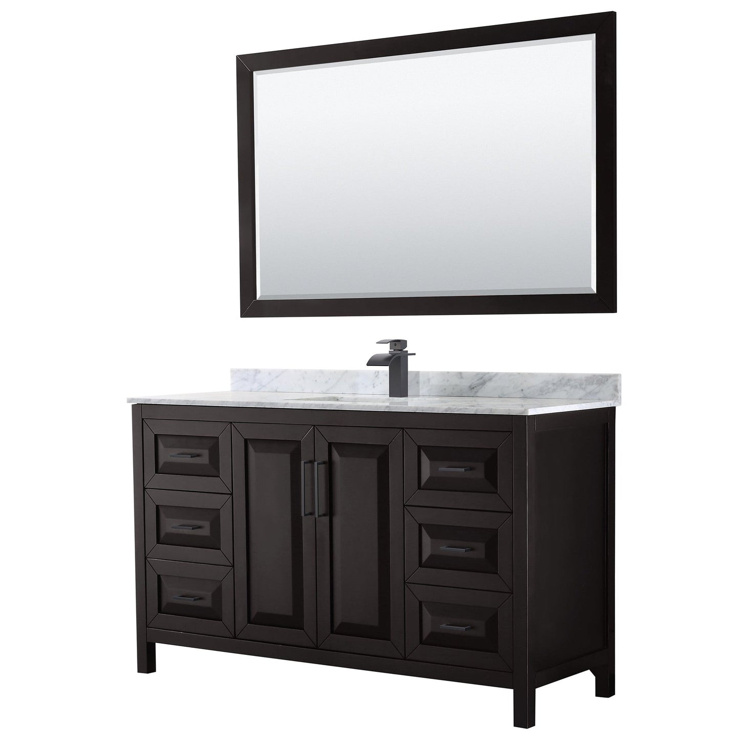 Wyndham Collection Daria 60" Single Bathroom Vanity in Dark Espresso, White Carrara Marble Countertop, Undermount Square Sink, Matte Black Trim, 58" Mirror