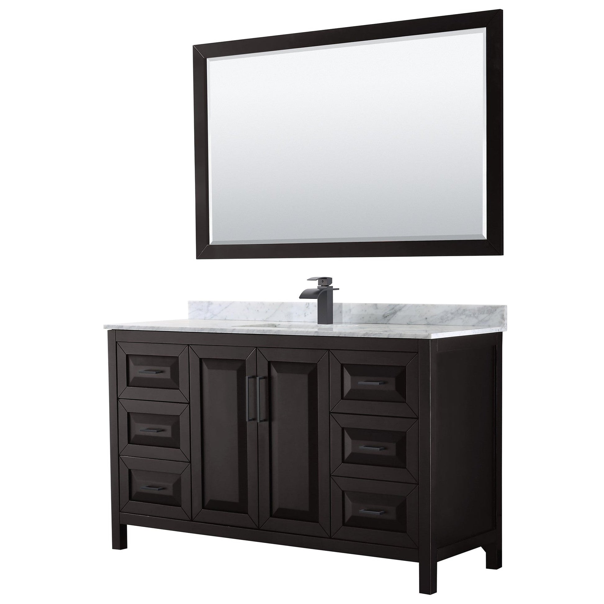 Wyndham Collection Daria 60" Single Bathroom Vanity in Dark Espresso, White Carrara Marble Countertop, Undermount Square Sink, Matte Black Trim, 58" Mirror