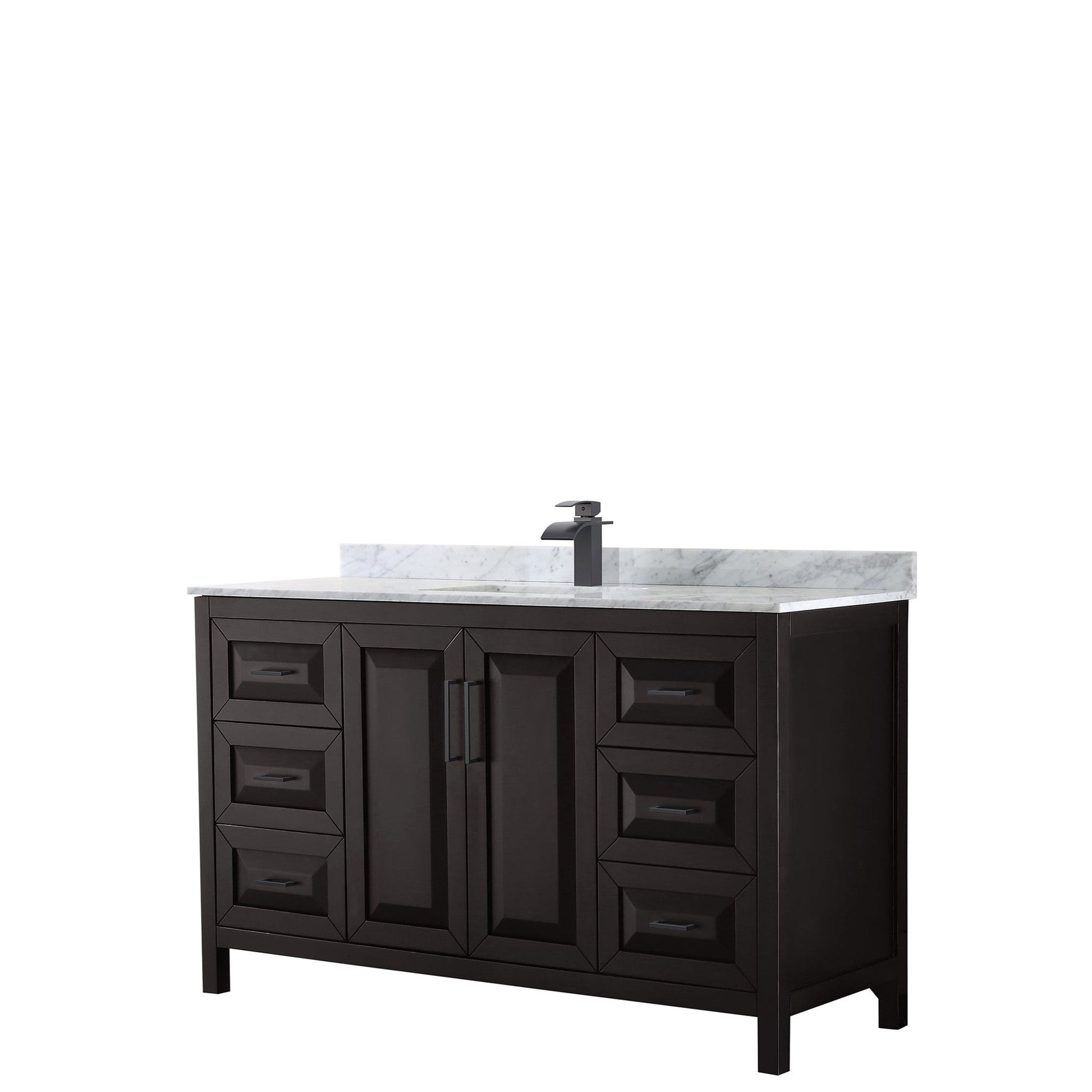 Wyndham Collection Daria 60" Single Bathroom Vanity in Dark Espresso, White Carrara Marble Countertop, Undermount Square Sink, Matte Black Trim