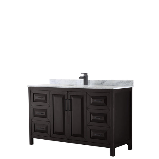 Wyndham Collection Daria 60" Single Bathroom Vanity in Dark Espresso, White Carrara Marble Countertop, Undermount Square Sink, Matte Black Trim