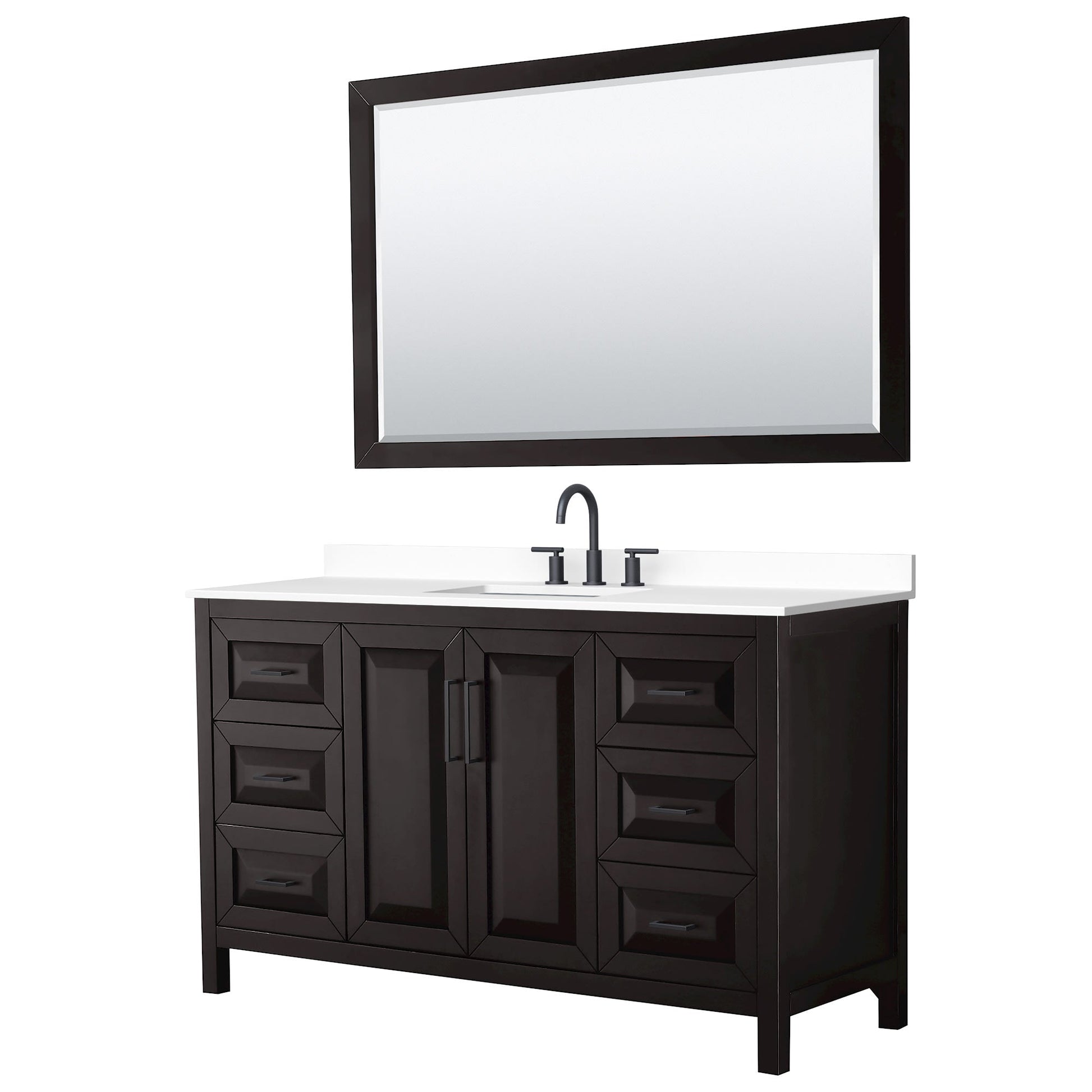 Wyndham Collection Daria 60" Single Bathroom Vanity in Dark Espresso, White Cultured Marble Countertop, Undermount Square Sink (3-Hole), Matte Black Trim, 58" Mirror