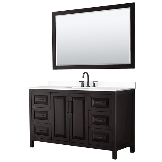 Wyndham Collection Daria 60" Single Bathroom Vanity in Dark Espresso, White Cultured Marble Countertop, Undermount Square Sink (3-Hole), Matte Black Trim, 58" Mirror