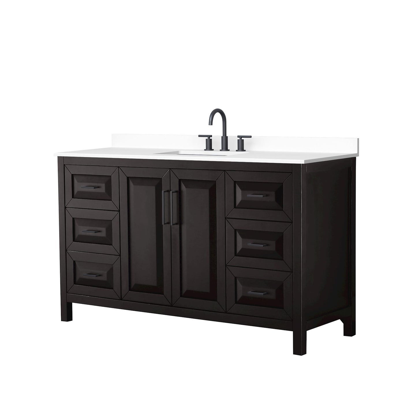 Wyndham Collection Daria 60" Single Bathroom Vanity in Dark Espresso, White Cultured Marble Countertop, Undermount Square Sink (3-Hole), Matte Black Trim