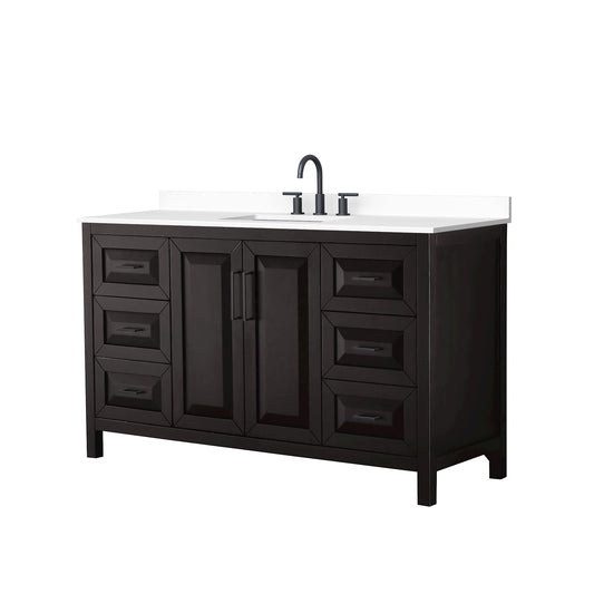 Wyndham Collection Daria 60" Single Bathroom Vanity in Dark Espresso, White Cultured Marble Countertop, Undermount Square Sink (3-Hole), Matte Black Trim