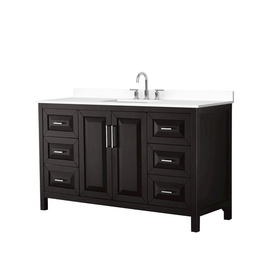 Wyndham Collection Daria 60" Single Bathroom Vanity in Dark Espresso, White Cultured Marble Countertop, Undermount Square Sink (3-Hole), Polished Chrome Trim