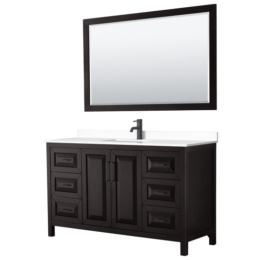 Wyndham Collection Daria 60" Single Bathroom Vanity in Dark Espresso, White Cultured Marble Countertop, Undermount Square Sink, Matte Black Trim, 58" Mirror
