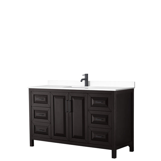 Wyndham Collection Daria 60" Single Bathroom Vanity in Dark Espresso, White Cultured Marble Countertop, Undermount Square Sink, Matte Black Trim