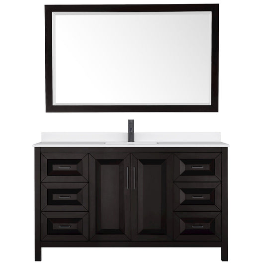 Wyndham Collection Daria 60" Single Bathroom Vanity in Dark Espresso, White Quartz Countertop, Undermount Square Sink (1-Hole), Matte Black Trim, 58" Mirror