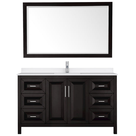 Wyndham Collection Daria 60" Single Bathroom Vanity in Dark Espresso, White Quartz Countertop, Undermount Square Sink (1-Hole), Polished Chrome Trim, 58" Mirror