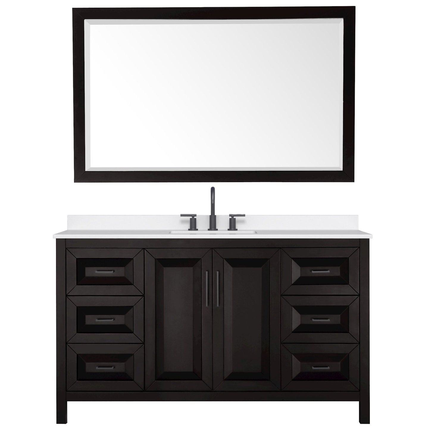 Wyndham Collection Daria 60" Single Bathroom Vanity in Dark Espresso, White Quartz Countertop, Undermount Square Sink (3-Hole), Matte Black Trim, 58" Mirror