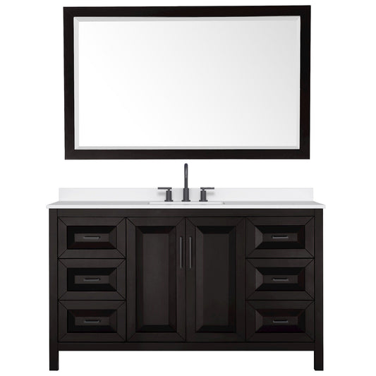 Wyndham Collection Daria 60" Single Bathroom Vanity in Dark Espresso, White Quartz Countertop, Undermount Square Sink (3-Hole), Matte Black Trim, 58" Mirror