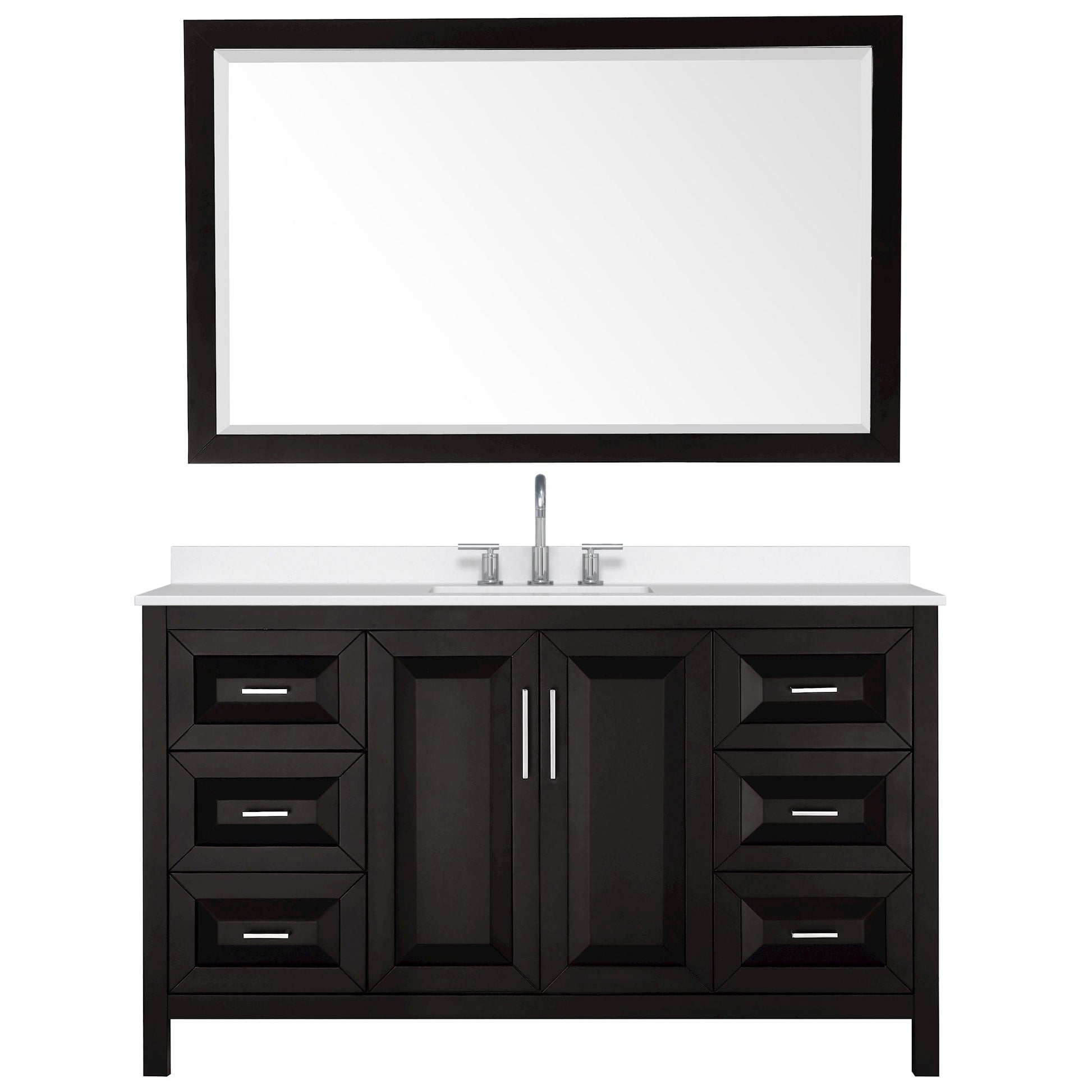 Wyndham Collection Daria 60" Single Bathroom Vanity in Dark Espresso, White Quartz Countertop, Undermount Square Sink (3-Hole), Polished Chrome Trim, 58" Mirror