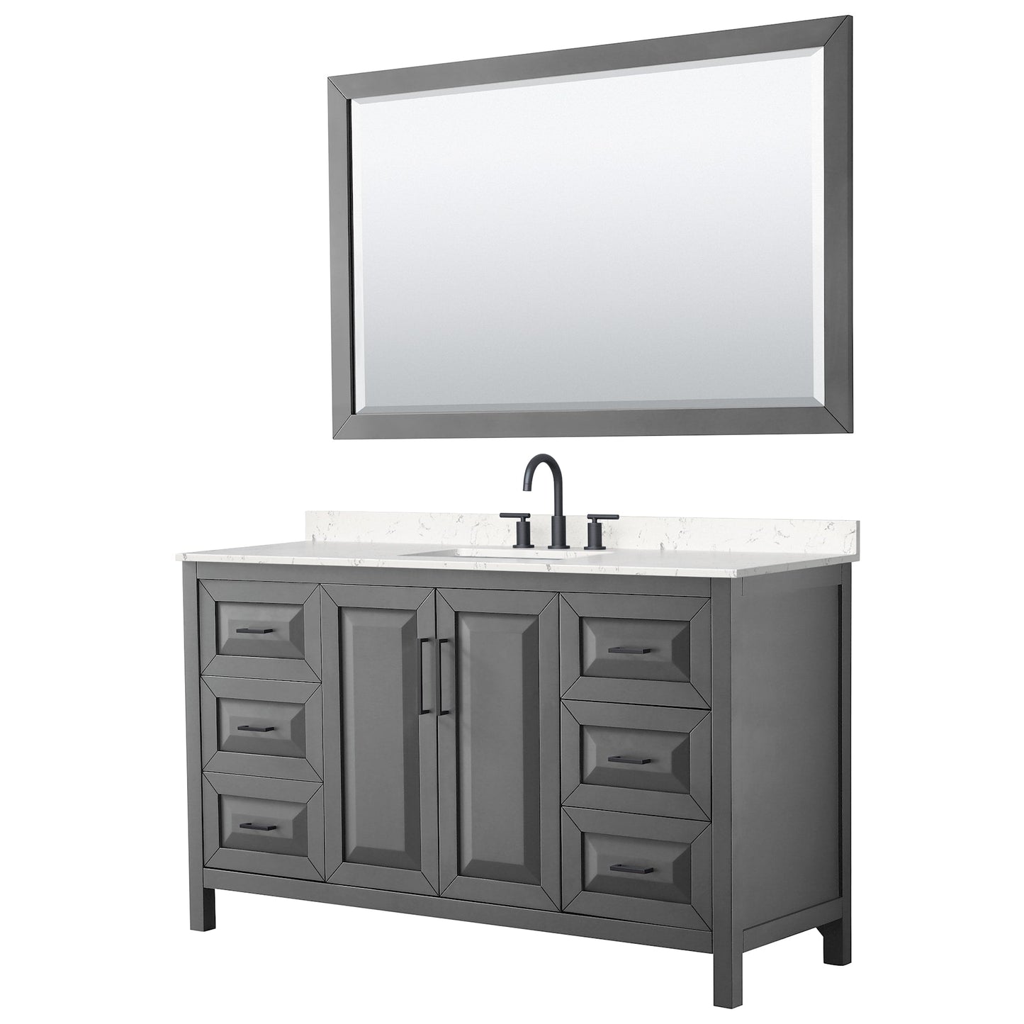 Wyndham Collection Daria 60" Single Bathroom Vanity in Dark Gray, Carrara Cultured Marble Countertop, Undermount Square Sink (3-Hole), Matte Black Trim, 58" Mirror