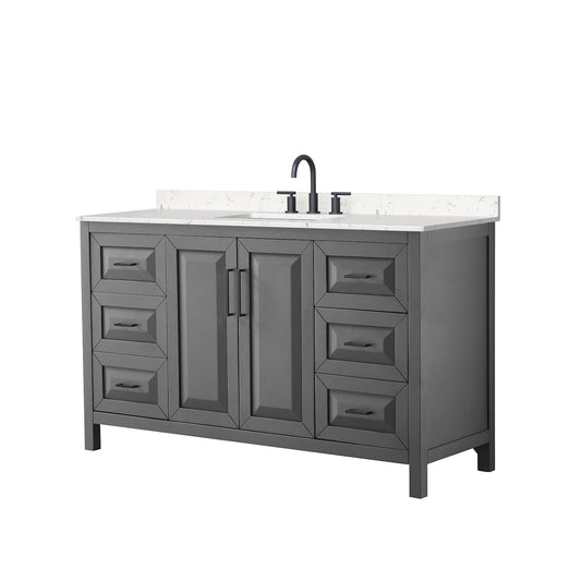 Wyndham Collection Daria 60" Single Bathroom Vanity in Dark Gray, Carrara Cultured Marble Countertop, Undermount Square Sink (3-Hole), Matte Black Trim