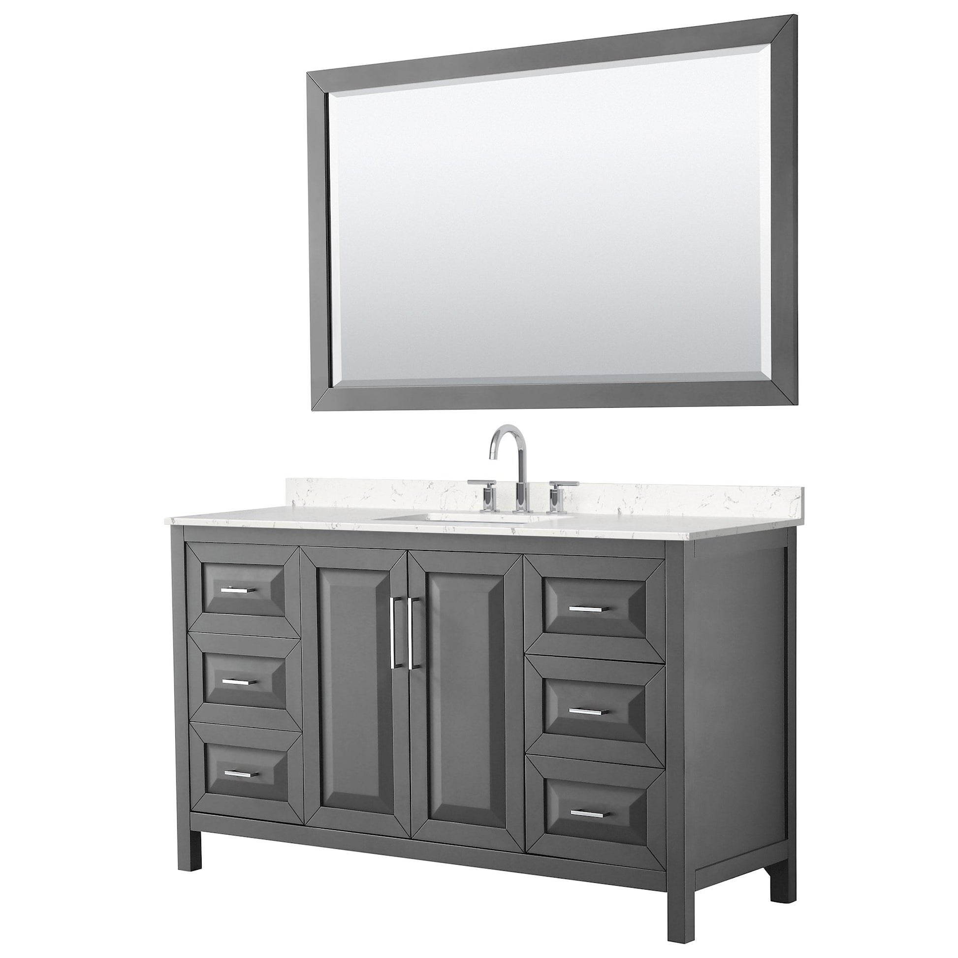 Wyndham Collection Daria 60" Single Bathroom Vanity in Dark Gray, Carrara Cultured Marble Countertop, Undermount Square Sink (3-Hole), Polished Chrome Trim, 58" Mirror