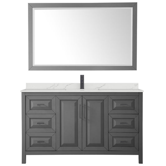 Wyndham Collection Daria 60" Single Bathroom Vanity in Dark Gray, Giotto Quartz Countertop, Undermount Square Sink (1-Hole), Matte Black Trim, 58" Mirror