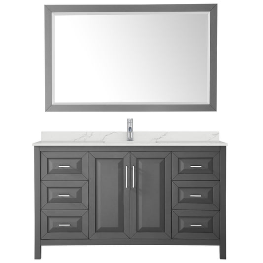 Wyndham Collection Daria 60" Single Bathroom Vanity in Dark Gray, Giotto Quartz Countertop, Undermount Square Sink (1-Hole), Polished Chrome Trim, 58" Mirror